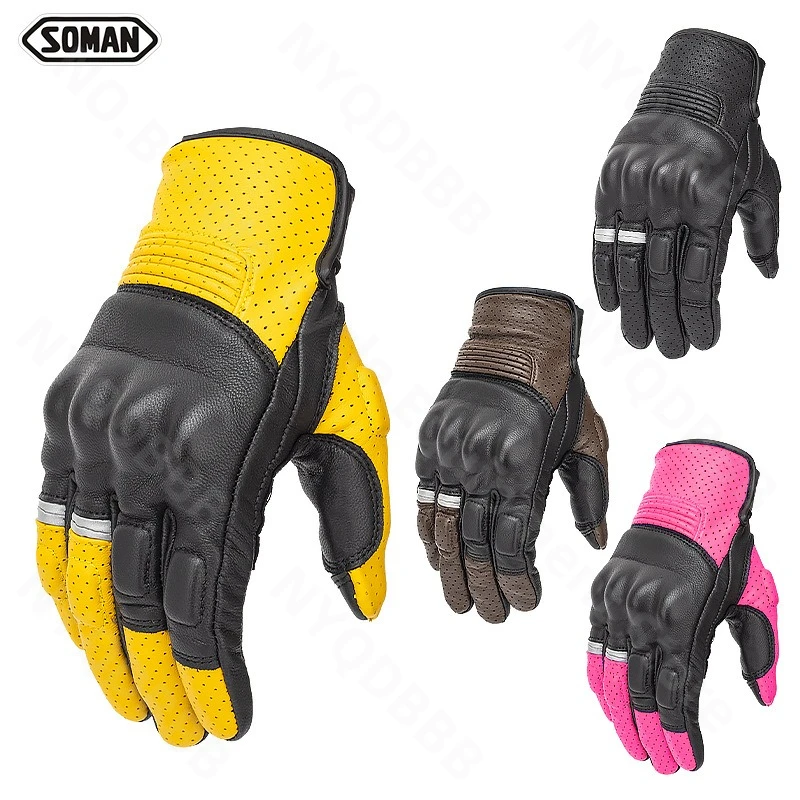 

Vintage Full Finger Motorcycle Gloves Soman Non-Slip Goat Leather Full Finger Motorcyclist Gloves Touchscreen Retro Moto Gloves