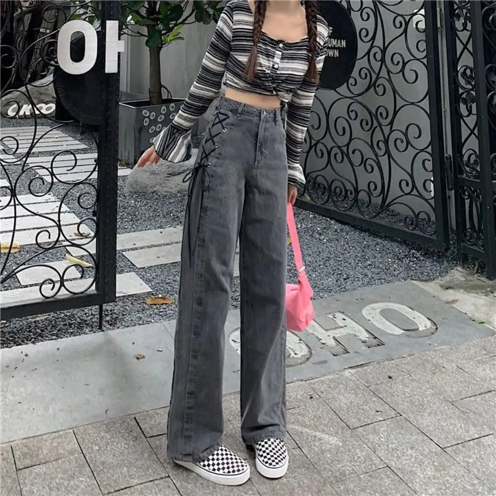 Fashion High Waist Baggy Jeans Aesthetic Flare Wide Leg Pants Lengthening Tie Straps Casual Trousers Summer