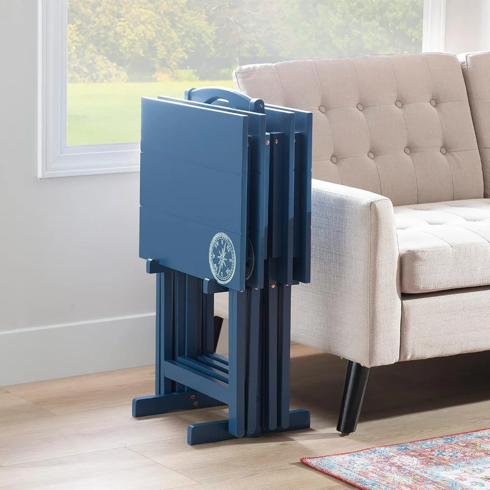 Navy Blue SAMM Trey Table Set with Compass Design, Featuring Four Tables and a Stand