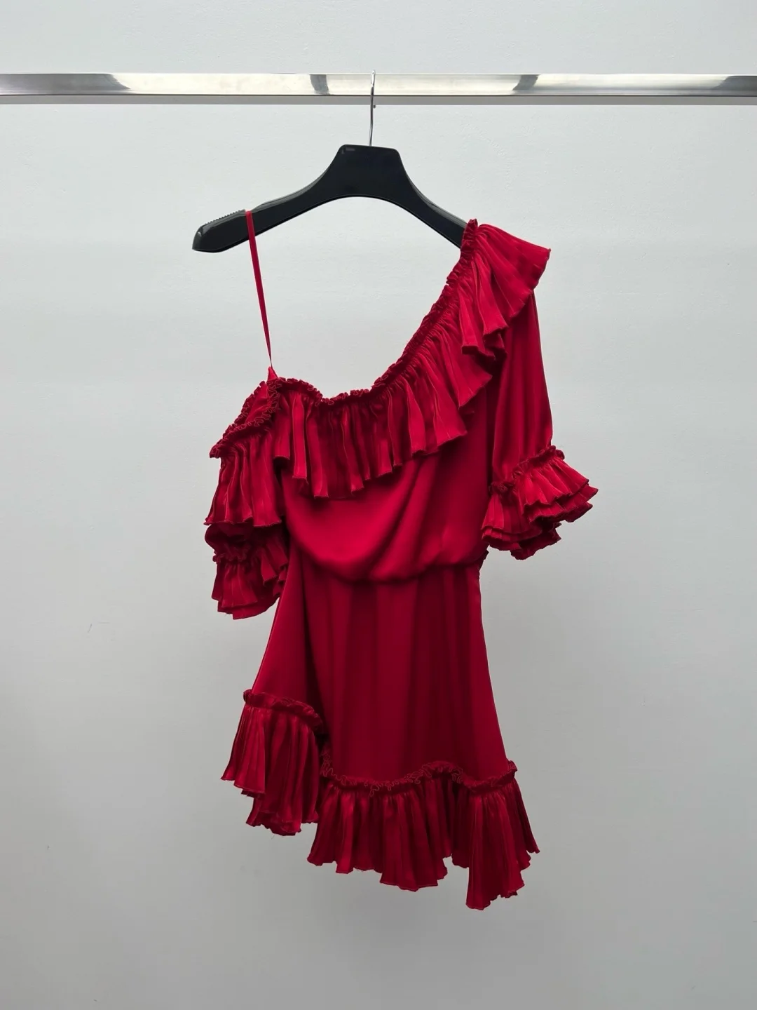 Elegant Ruched One-Shoulder Acetate Satin Dress Women Ruffle Neck & Hem Waist-Cinching Belted Romantic Midi Dress