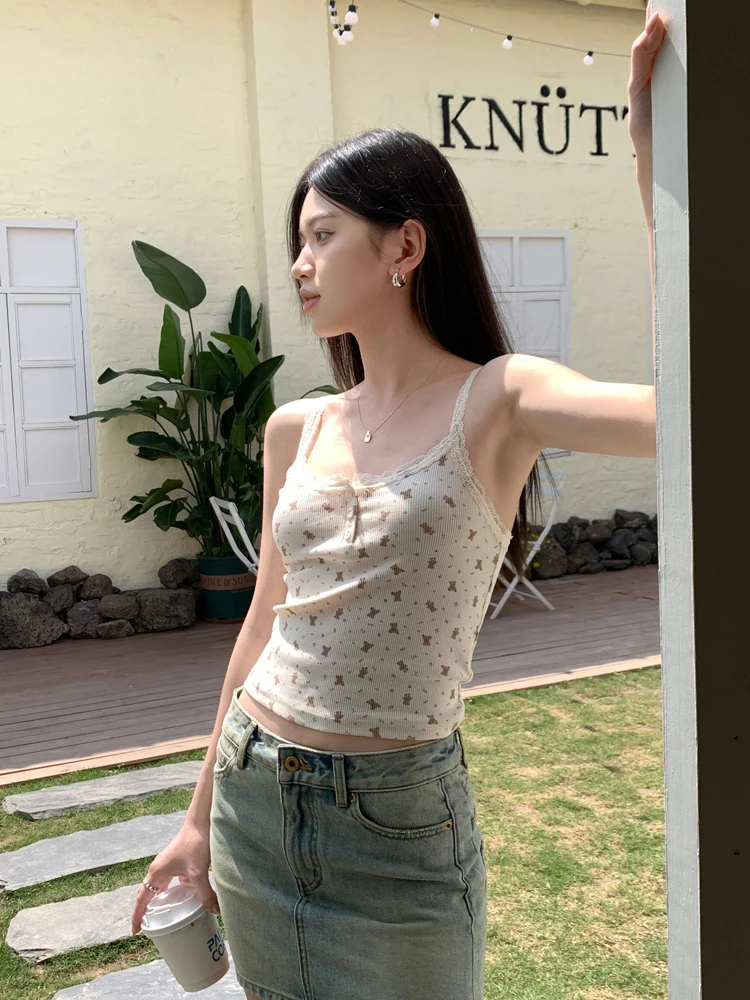 Cute Crop Top Women Summer Lace Trim Floral Bears Print Prairie Chic Camis Tops for Sweet Girls Kawaii Clothes