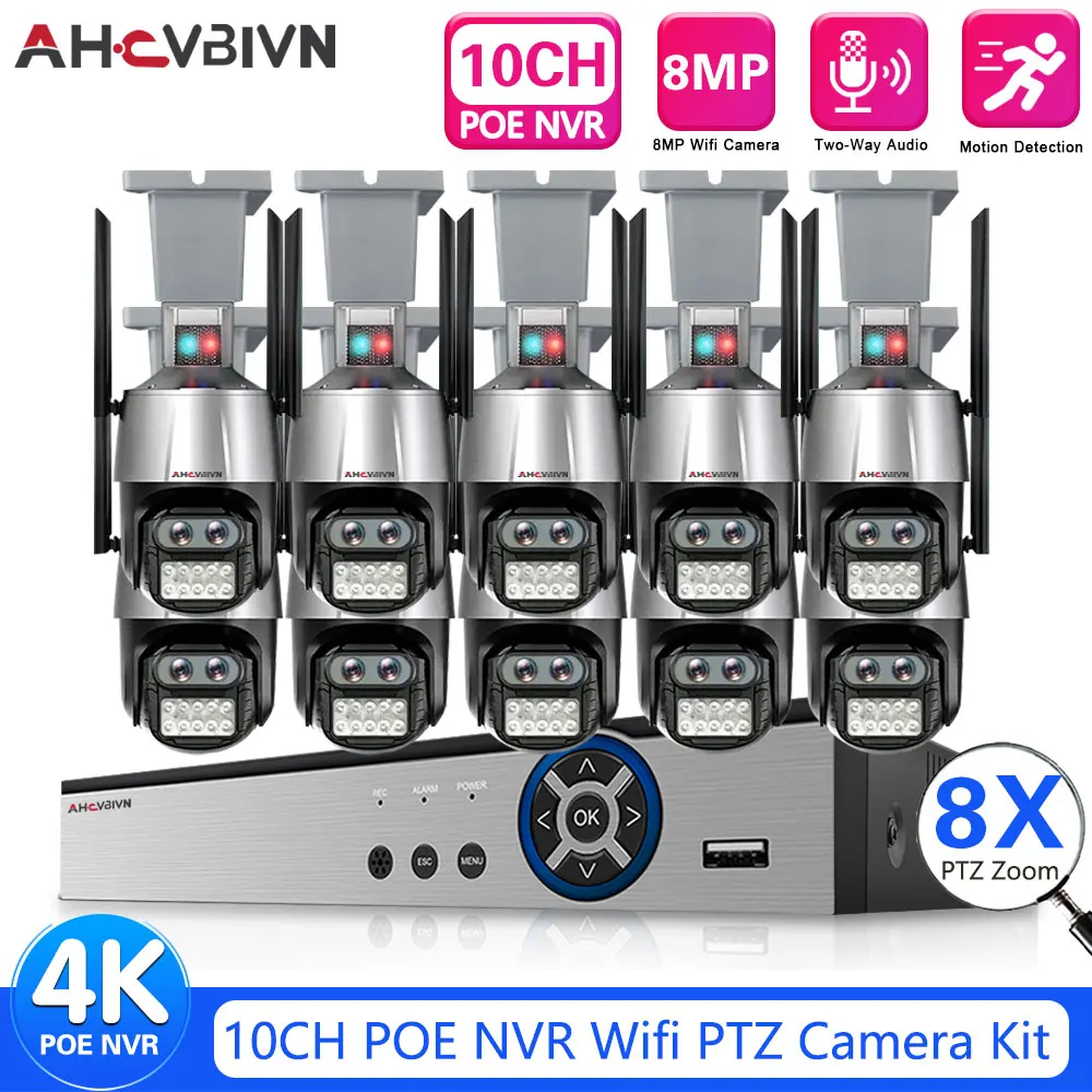 

4K 8MP Dual Lens Wifi PTZ Camera Dual Screen 8X Zoom AI Human Auto Tracking Outdoor 4H 10CH NVR Video Surveillance System Xmeye