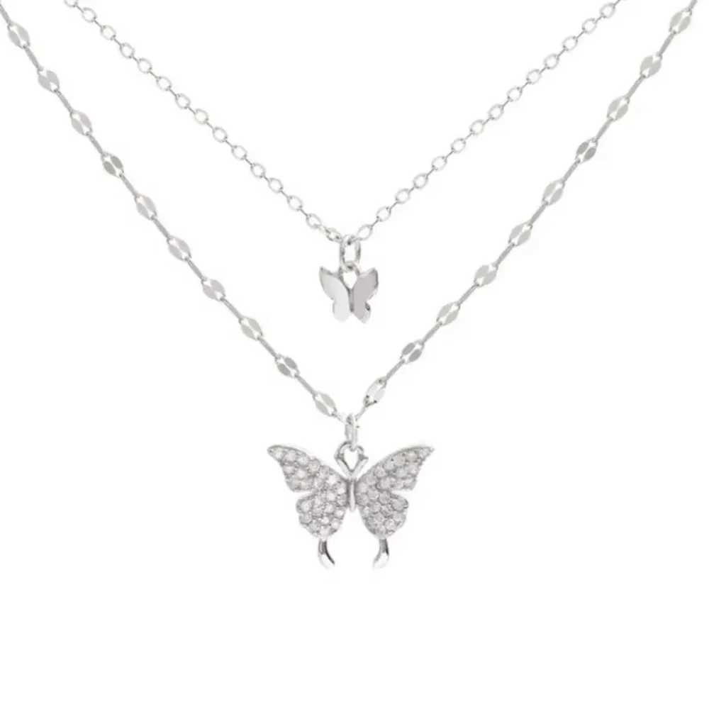 Exquisite Sparkling Double Layer Butterfly Necklace Double Layer Collar Chain Jewelry Holiday Party Gift For Women Girls