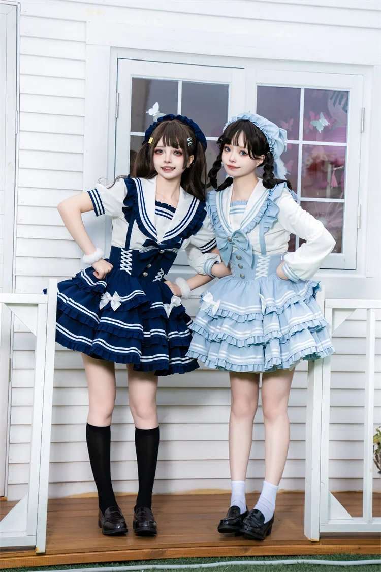 Original Lolita Skirt Set Outfits Slimming Girl Womens Sailor Collar Long/short Sleeve Shirt Top High Waist Suspender Cake Skirt