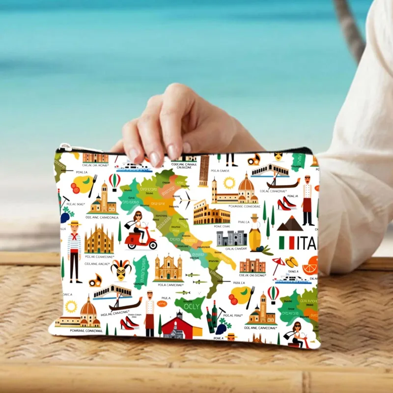 Travel Daily Convenient and Stylish Wash Bag Makeup Pouch with Italian Style and Landmark Patterns, Suitable for Beach and Vacat