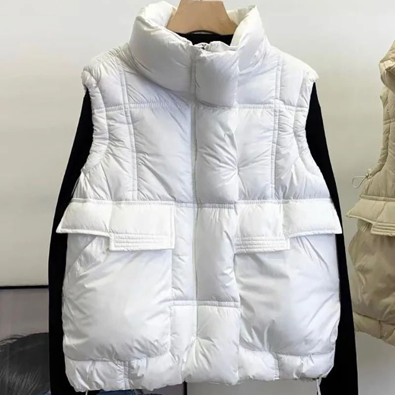 

2023 Winter Women Loose Warm Cotton Vests Simplicity Fashion Drawstring Korean Bread Coat Lady Casual Thicken Sleeveless Jacket