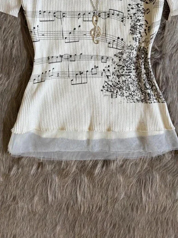 Korean 2000s Punk Goth Girls Graphic Tops Off Shoulder Sexy Lace Cotton T Shirts Cute Music Pattern Y2K Sweet Women Crop Tops image 4