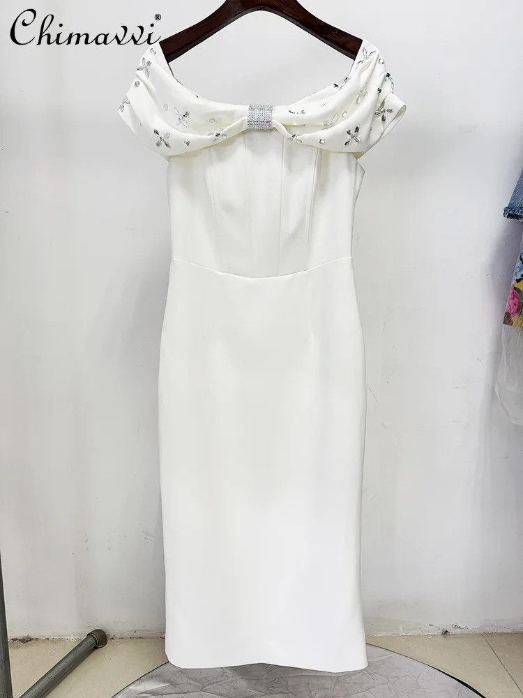 النمط الفرنسي الأنيق الاجتماعي الماس خارج الكتف مثير فساتين طويلة عالية الخصر سليم صالح Bodycon فستان الحفلات المسائية للنساء