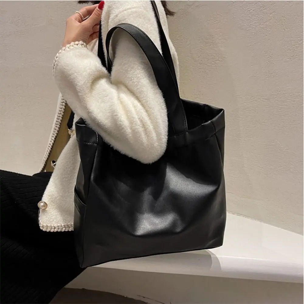 

Magnetic Buckle PU Leather Tote Bag Vertical Square Solid Color Large Capacity Handbag Versatile Comfortable Handle