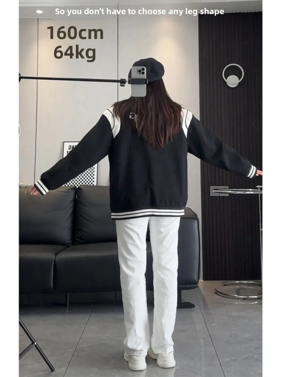 화이트 스트레이트 레그 진 여성 플러스 사이즈 하이 웨이스트 힙 커버 슬림핏 와이드 레그 팬츠