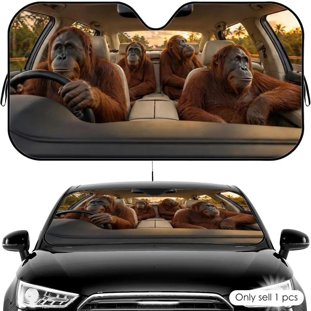 

Orangutan Road Trip Sun Visor Car Front Windshield Shade UV Block Heat Shield Foldable Universal Fit Cover