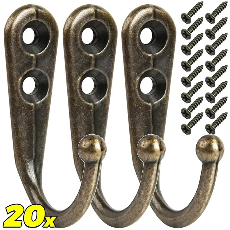 20/1Pcs Retro Wall Hooks Hangers Door Wall Mounted Coat Hooks With Screws Heavy Load Rack Curved Buckle For Wooden Jewelry Boxes