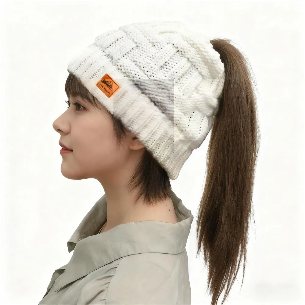 

Модные вязаные крючком зимние шапки с хвостиком, теплая вязаная шапка с защитой ушей, сплошной цвет, осень Skullies