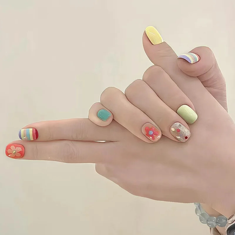 

24Pcs Short Round Press on Nails - Glitter Polka Dots, Red Flowers, Lake Blue, Yellow Solid Color and Colorful Stripes