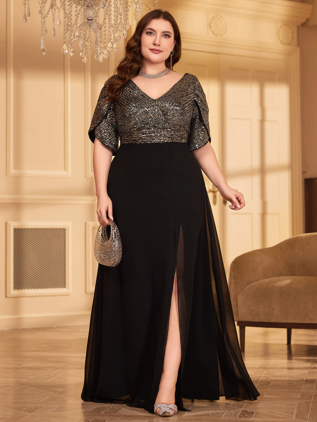 UNITHORSE Plus Size Sequin Patchwork Chiffon Formal Dress Black Elegant Prom Evening Wedding Guest Gown, For Graduation, Dinner view 3