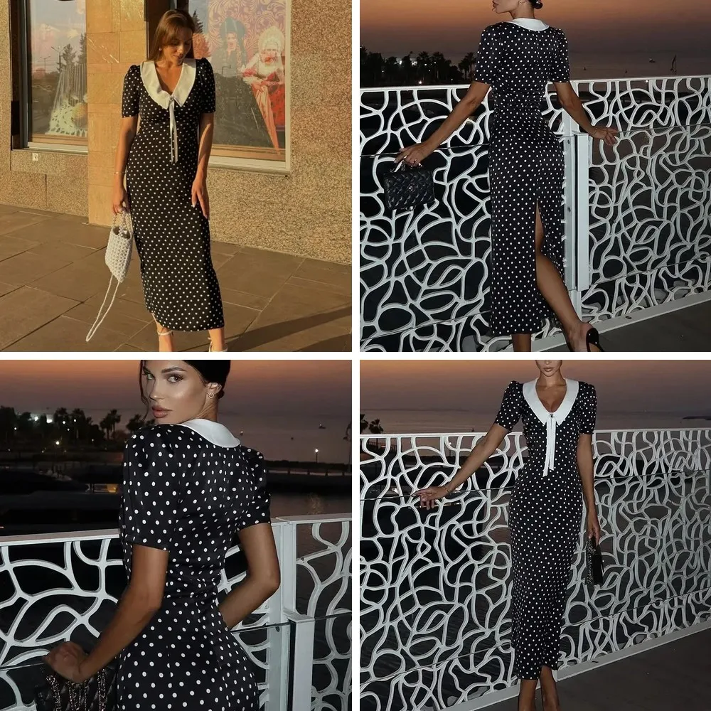 

Retro Polka Dot Bodycon Midi Dress for Women, V-Neck Short Puff Sleeve Sexy Party Dress