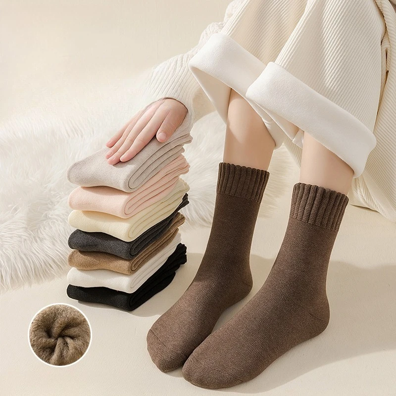

8 pairs of women's autumn winter solid color casual socks thick velvet for warmth simplicity comfort versatile midsole socks