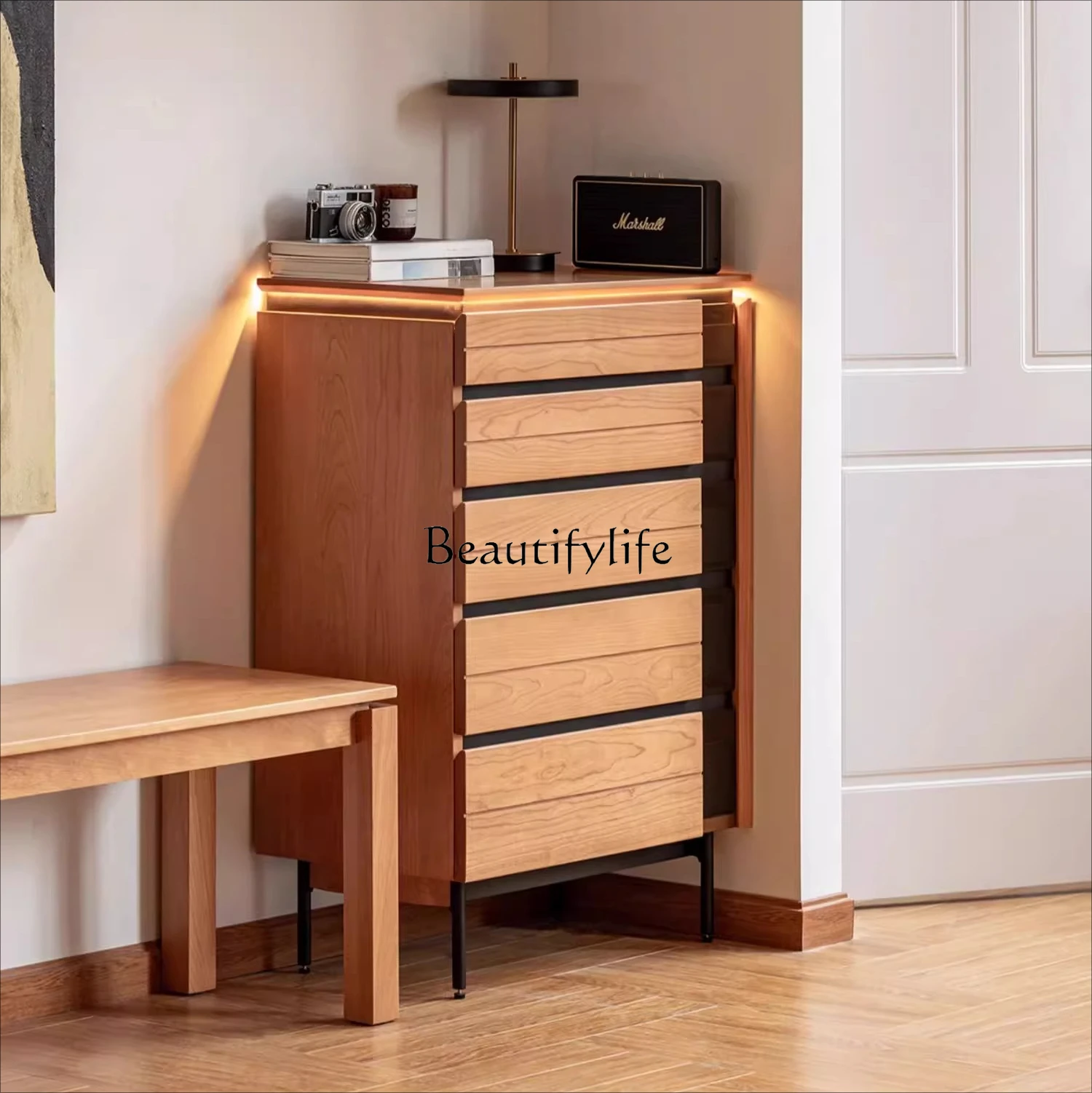 

Japanese-style solid wood chest of drawers, cherry wood Nordic storage locker