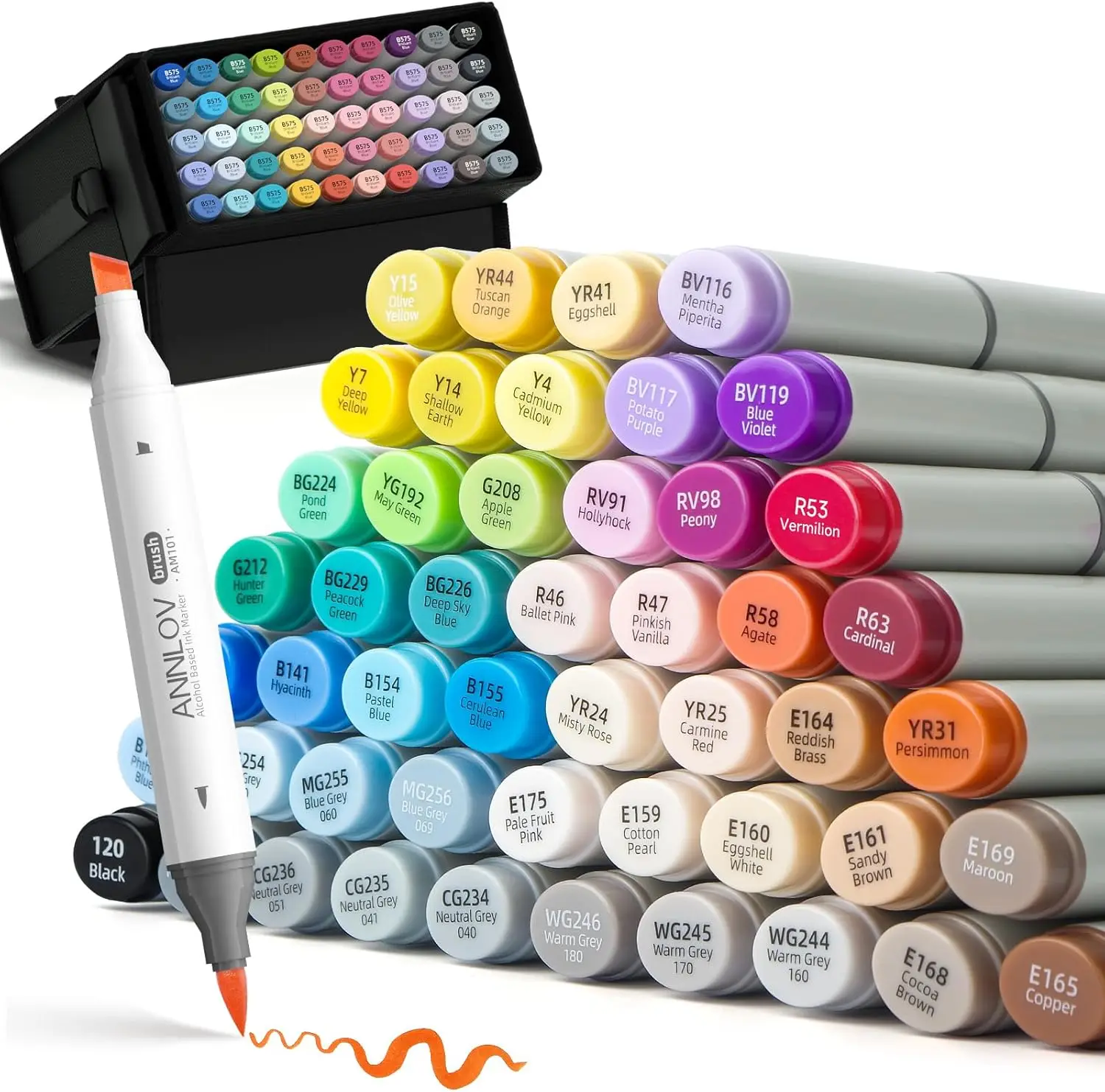 50 Color Dual Tip Alcohol Markers Set - Brush & Chisel, Skin Tones, Blender, Tilt-Stand Case for Artists