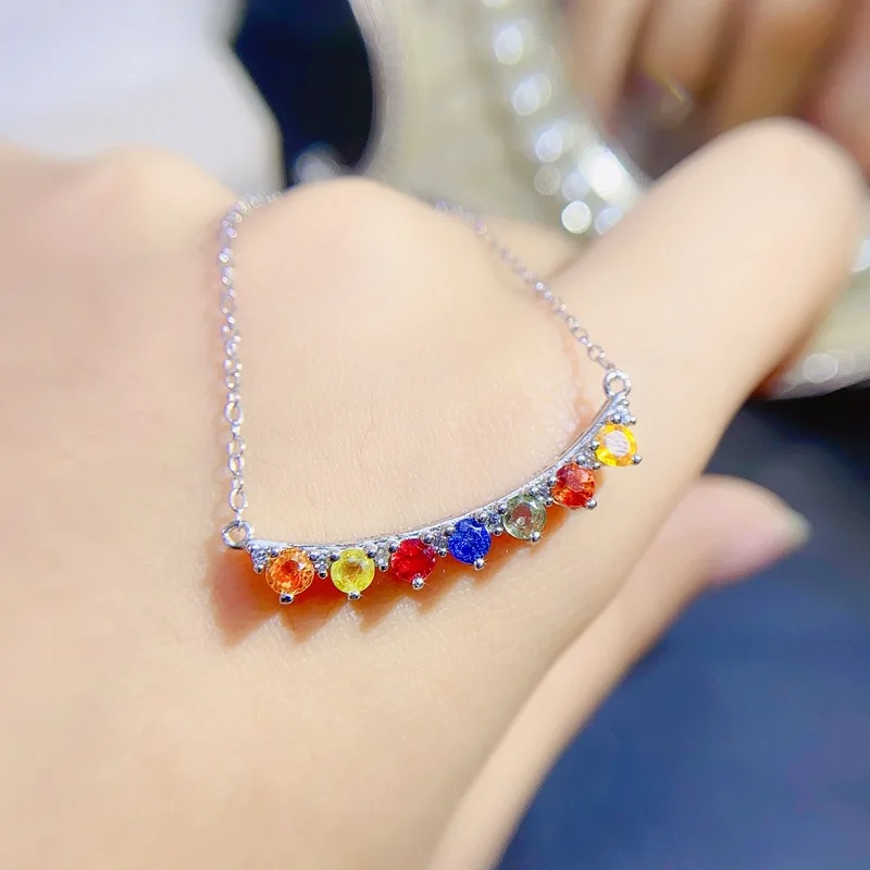 Simple Fashion 925 Silver Ladies Necklace 3X3mm Colorful Natural Yellow Blue Green Sapphire Rainbow Choker