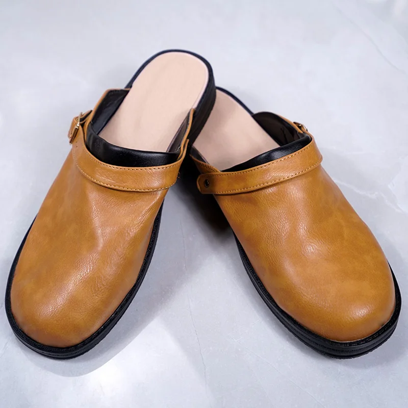 Męskie kapcie letnie PU skórzane buty Vintage miękkie dno Slip On sandały blisko Toe kapcie plażowe męskie obuwie nowy rozmiar 48