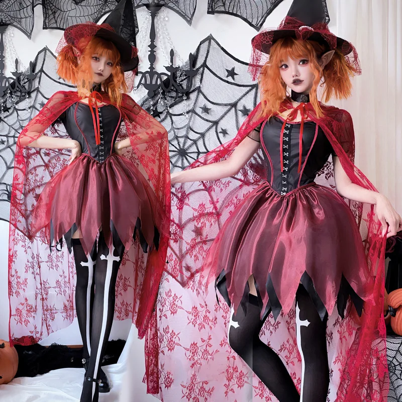 

Halloween Cosplay Costume Witch Vampire Sexy Shawl Cloak Dress Three-piece Set Carnival Theme Party Role Playing Outfits Women