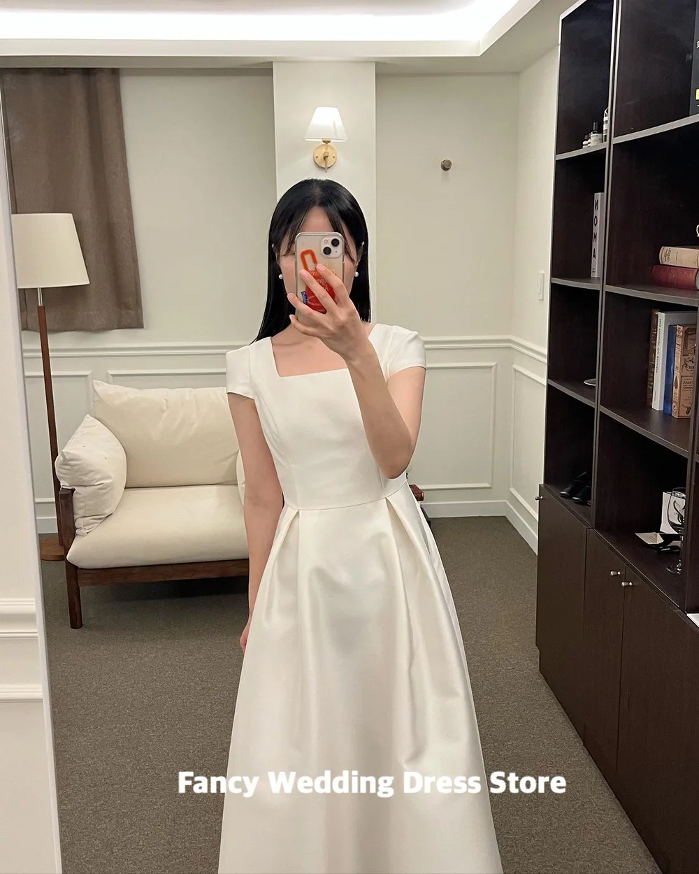 Fantasia simples uma linha vestido de casamento de cetim coreia sessão de fotos manga curta pescoço quadrado tornozelo comprimento vestidos de noiva personalizados