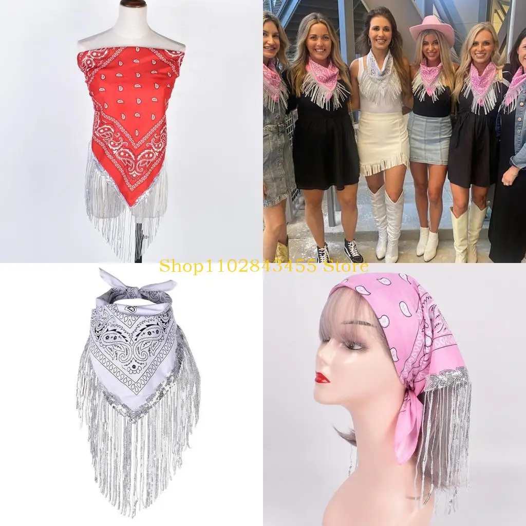 

49MC Cowgirl Bachelorette Fringe Bandanas Bachelorette Bandanas Cowgirl Bandanas Sequin Neckerchief Bandanas For Women