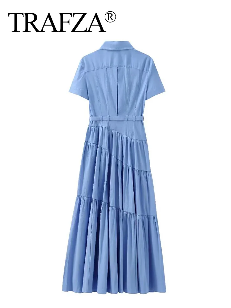 TRAFZA 2024 Summer Fashion Women Blue Solid Folds With Belt Long Dresses Woman Short Sleeves Casual Loose Vestidos Beach Holiday