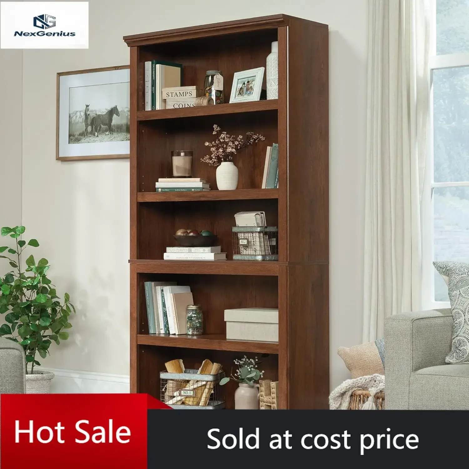 Sauder 5-Shelf Split Bookcase/ Book shelf, Oiled Oak finish
