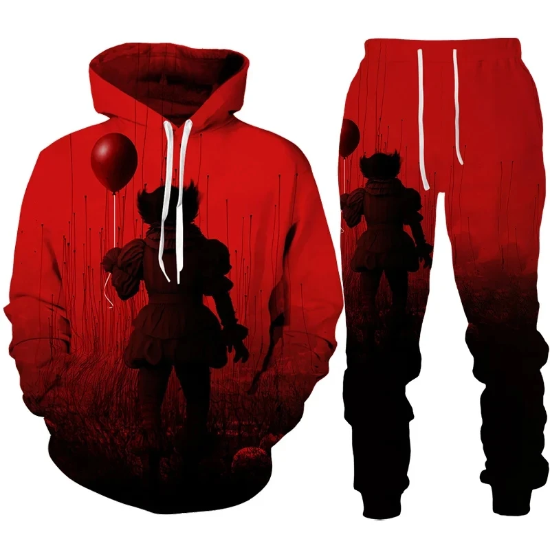 Zabawny Halloween Clown z nadrukiem 3D Bluza i spodnie Zestaw Hip Hop męski / żeński sportowy strój uliczny Zestaw dresów z filmem horroru