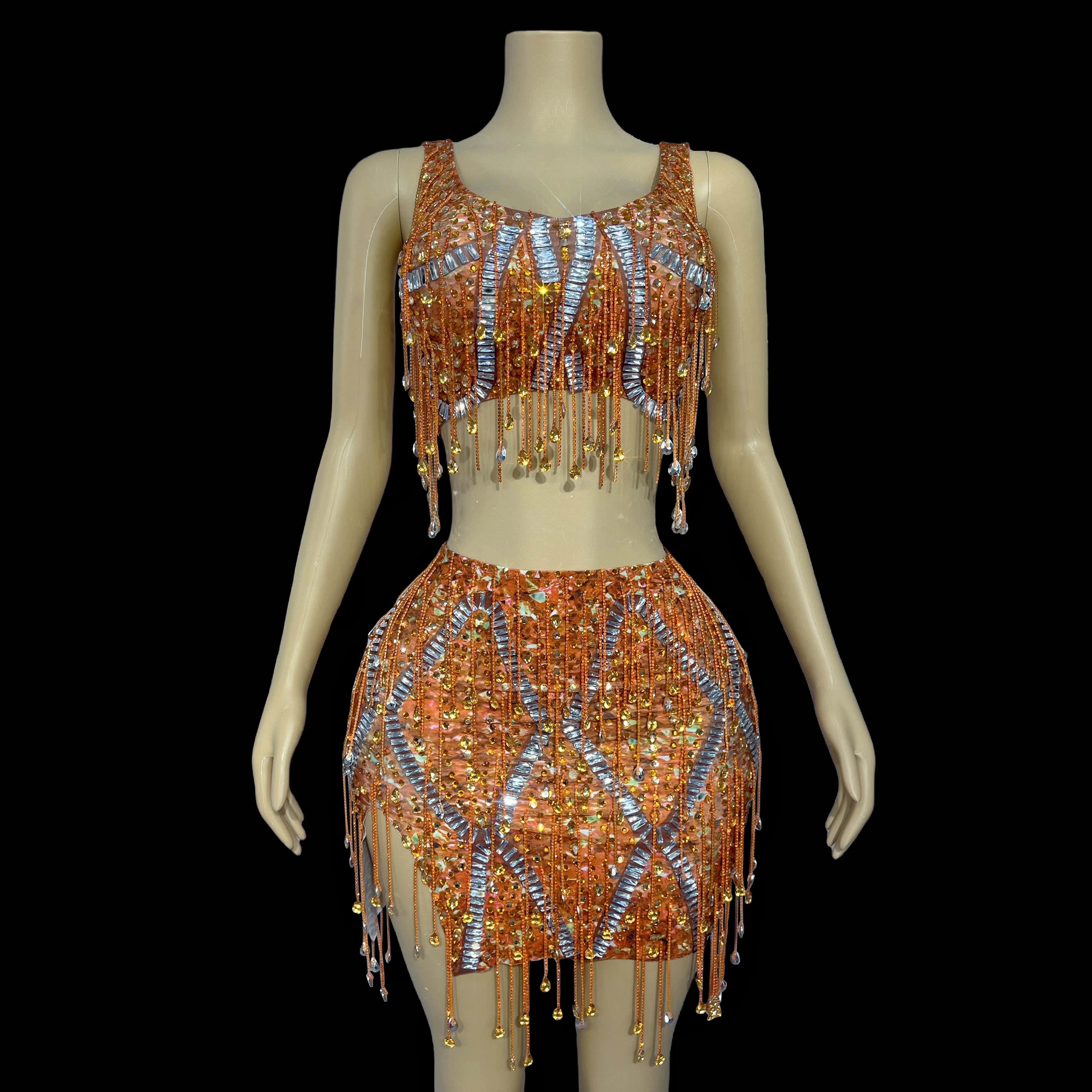 

Luxury fashion Taylor singer dancer show shiny rhinestone tassel costume suit skirt ladies party celebration costume caodi