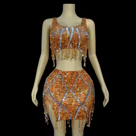 Luxury fashion Taylor singer dancer show shiny rhinestone tassel costume suit skirt ladies party celebration costume caodi