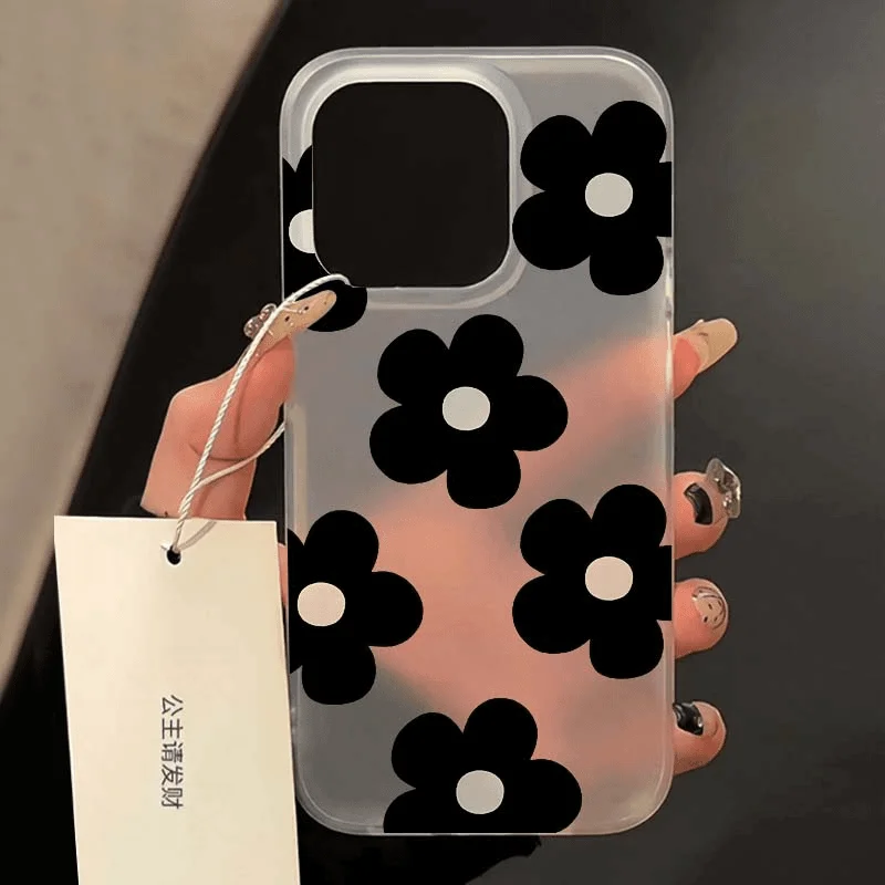 New Full Screen Black Flowers Phone Case iPhone 16 15 14 7 8 Plus 13 12 Mini 11 Pro Max XR X XS  Y2K Clear Anti Fall Cover