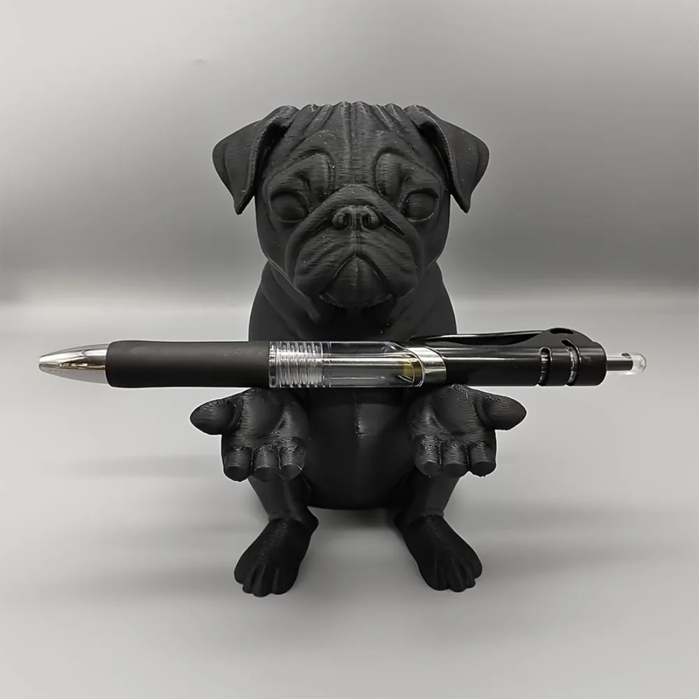 3D Printed Black Pug Pen Holder Cute Dog Figurine Desktop Organizer Creative Decor for Office Study Sweet Gift for Pet Lovers