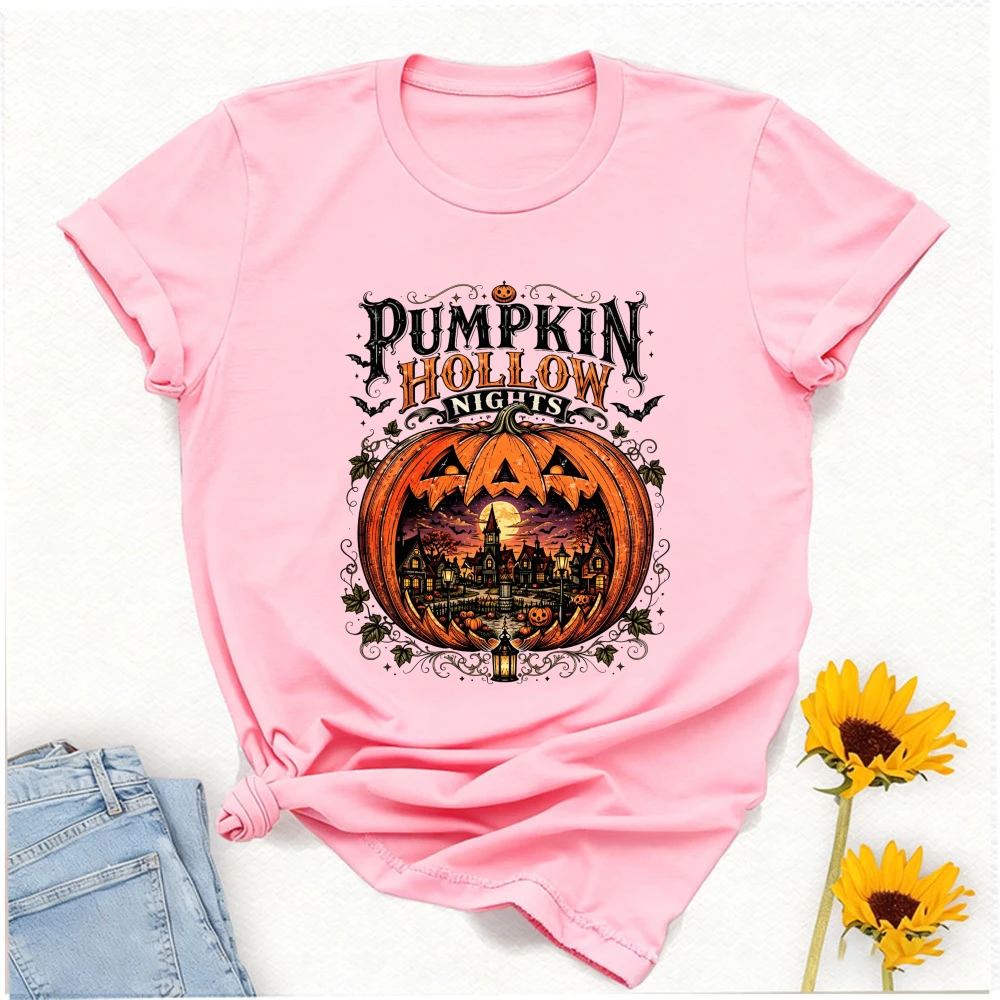 Pumpkin Hollow Nights Graphic T Shirt Vintage Jack O Lantern Spooky Town Castle Bat Print Retro Halloween Dark Fall Autumn Tees