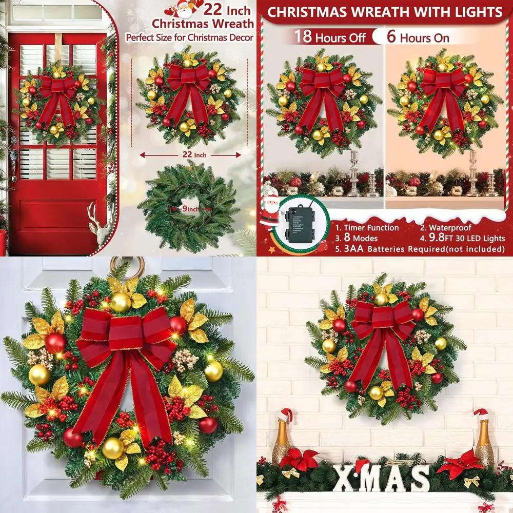 

22 LED-lit Christmas Wreaths, Festive Door Decor with Bows, Balls, Berries & Glittering Leaves, Ideal for Indoor or Outdoor