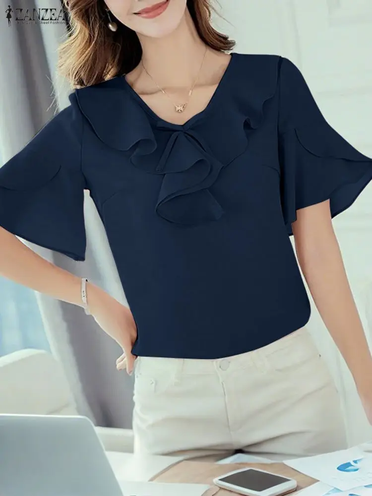 ZANZEA Fashion Blouse Women Elegant V Neck Tops 2025 Fashion Ruffled Tunic Solid Color Casual Loose Summer Pullovers Oversized
