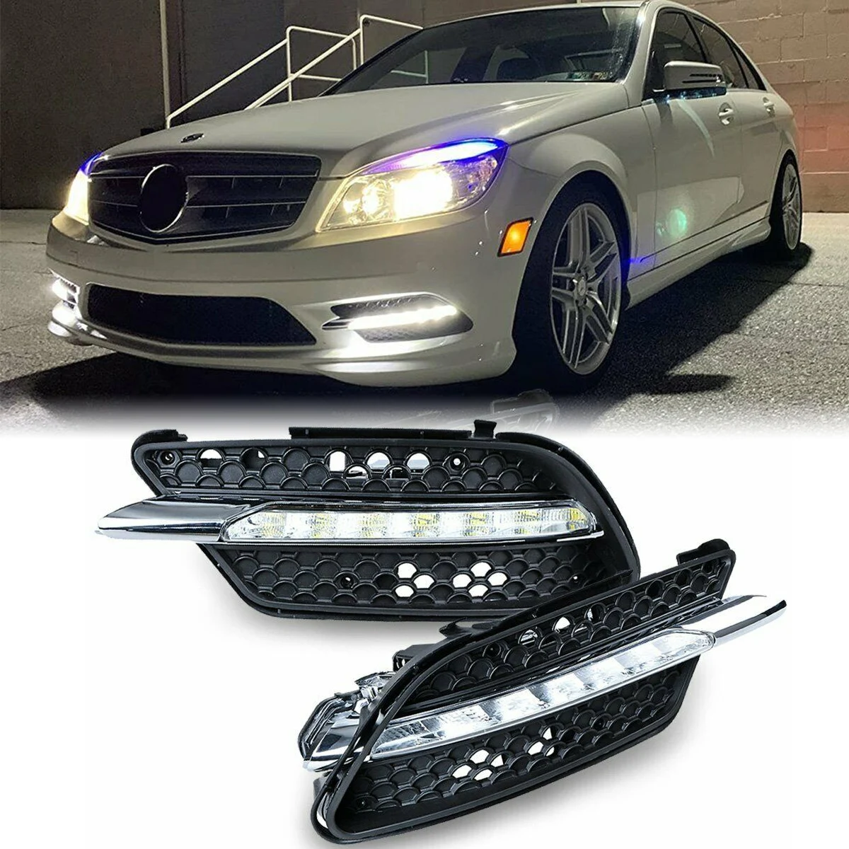 2PCS White DRL Daytime Running Lights for Mercedes Benz W204 C Class C300 AMG Sport 2007 2008 2009 2010 2011 Car Accessories