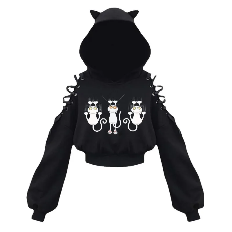 Autumn New Hollow Design Black Y2k Hoodies Retro Subculture Kawaii Cat Print Short Hoodie Women's Cosplay Punk Slimming Tops