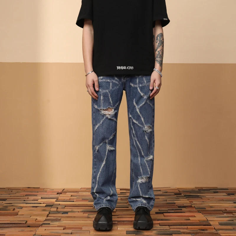 

8809 Broken hole jeans men's American trend loose straight casual pants spring and summer new high street frayed