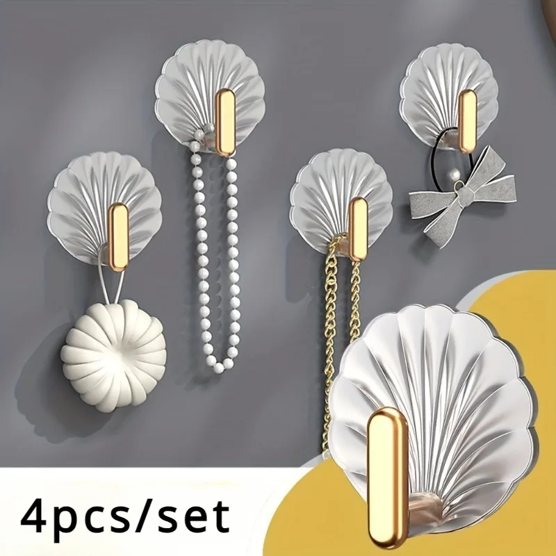 4pcs/set Multipurpose Shell Shape Hook Wall Hanging Hooks Self Adhesive Storage Hook For Bathroom Kitchen Bedroom Key Decor