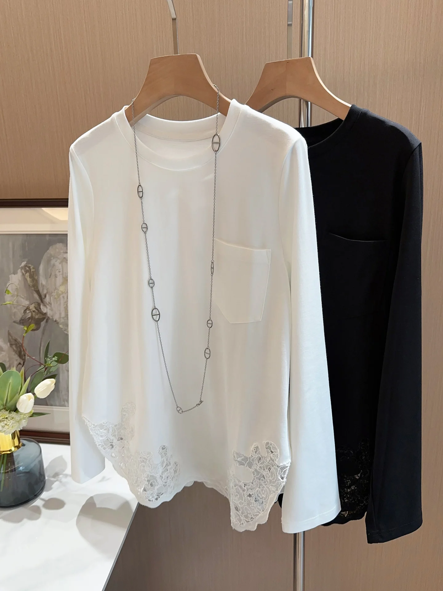 

Elegant Embroidered Long Sleeve T-Shirt Pure Cotton Base Shirt Spring Early Season Lace Trim Bottom Heavyweight Knit Top