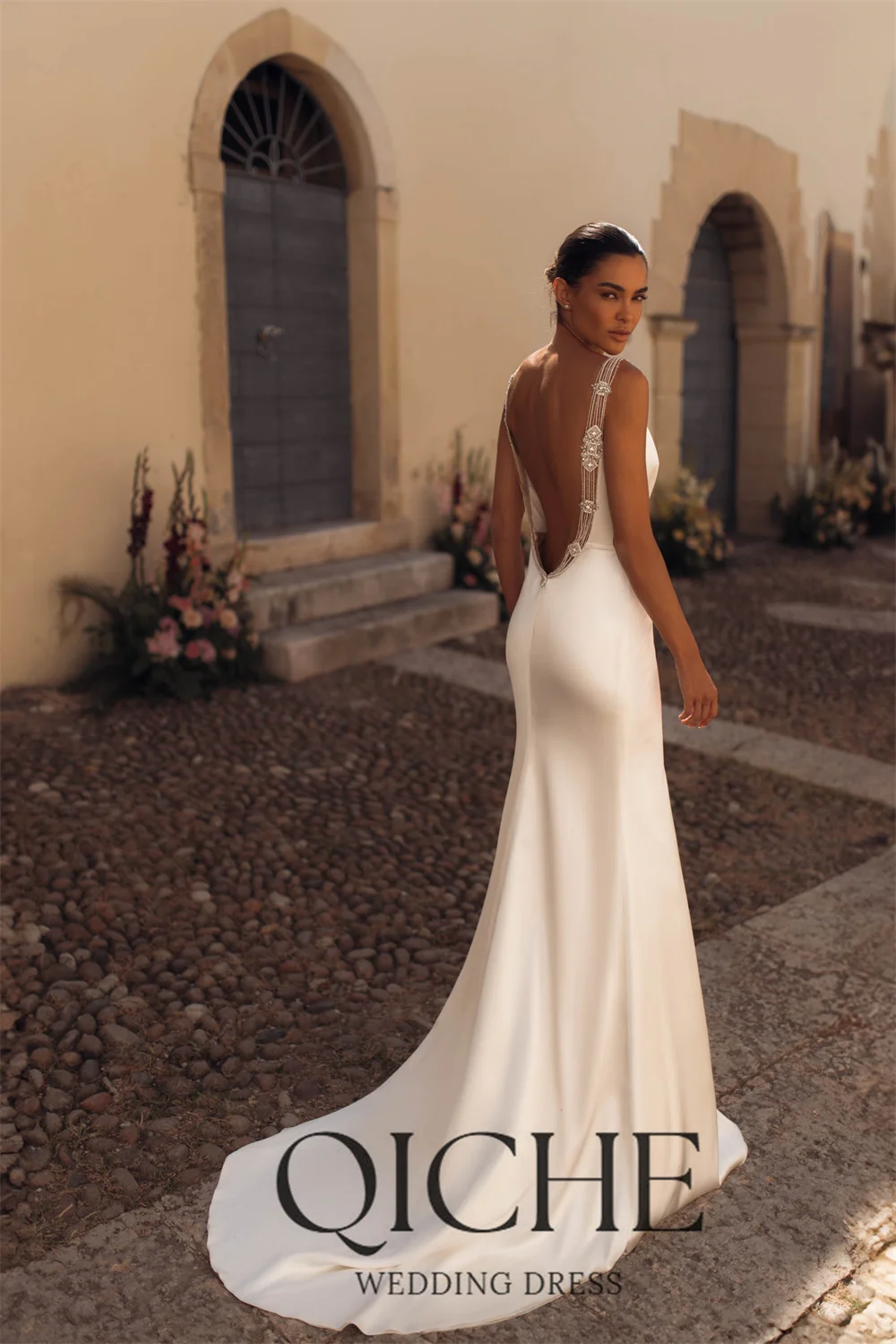 QICHE Sexy Mermaid Wedding Dress Deep V-Neck Spaghetti Straps Slit Pleat Beading Bridal Party Gowns Customized Vestidos De Novia