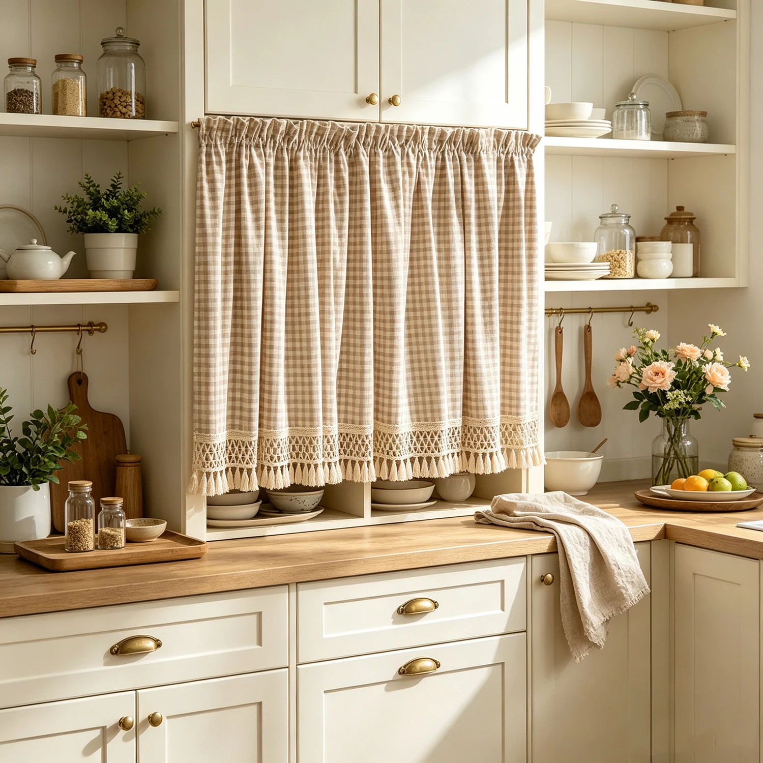 Farmhouse Checkered Cabinet Curtain&Window Tier with Adjustable Drawstring Header,with Free S-Hooks,Short Curtian for Kitchen