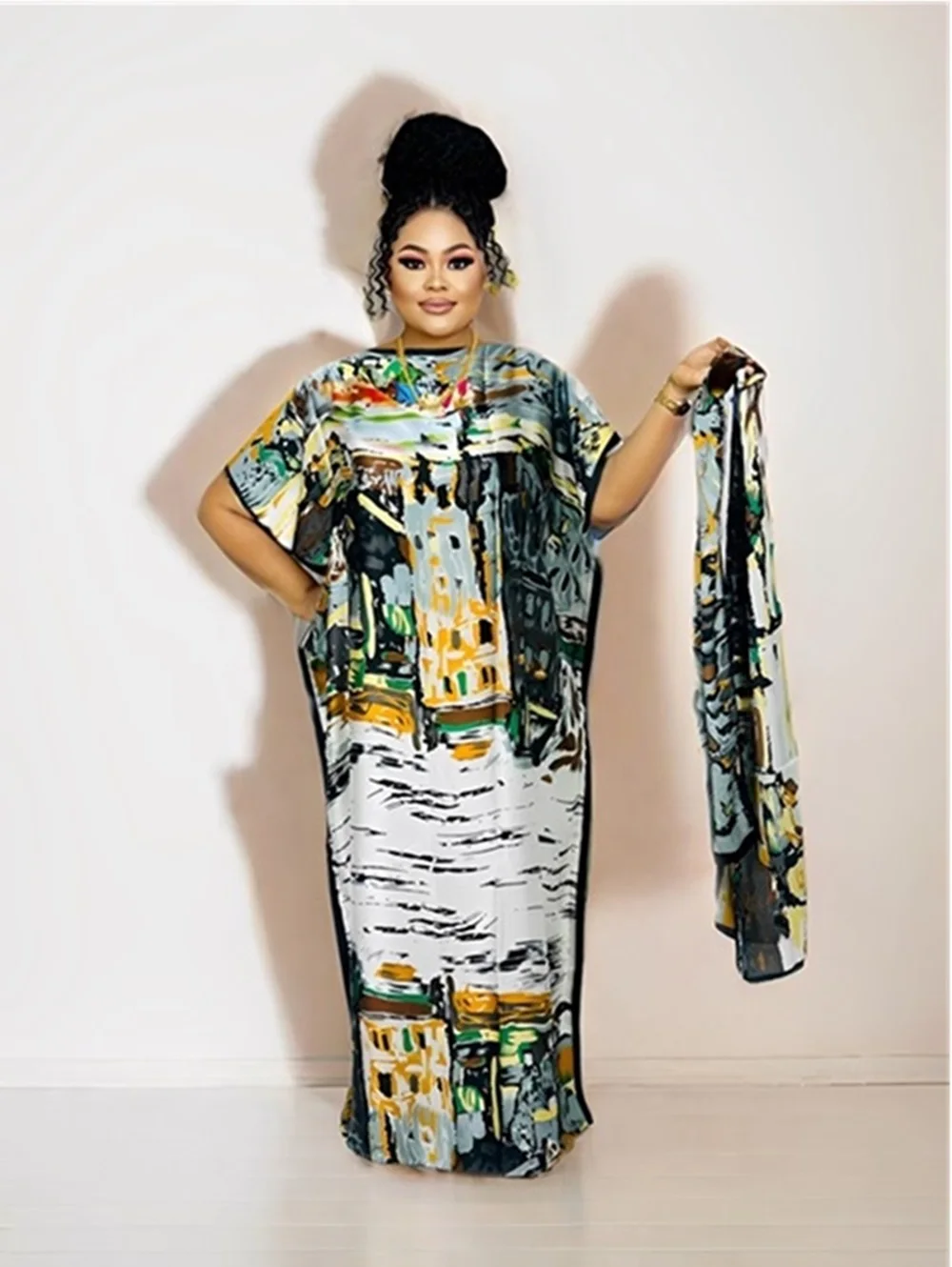 

African Dashiki Print Dresses Floral Maxi Stunning Elegant Robe Evening Long Dress With Scarf