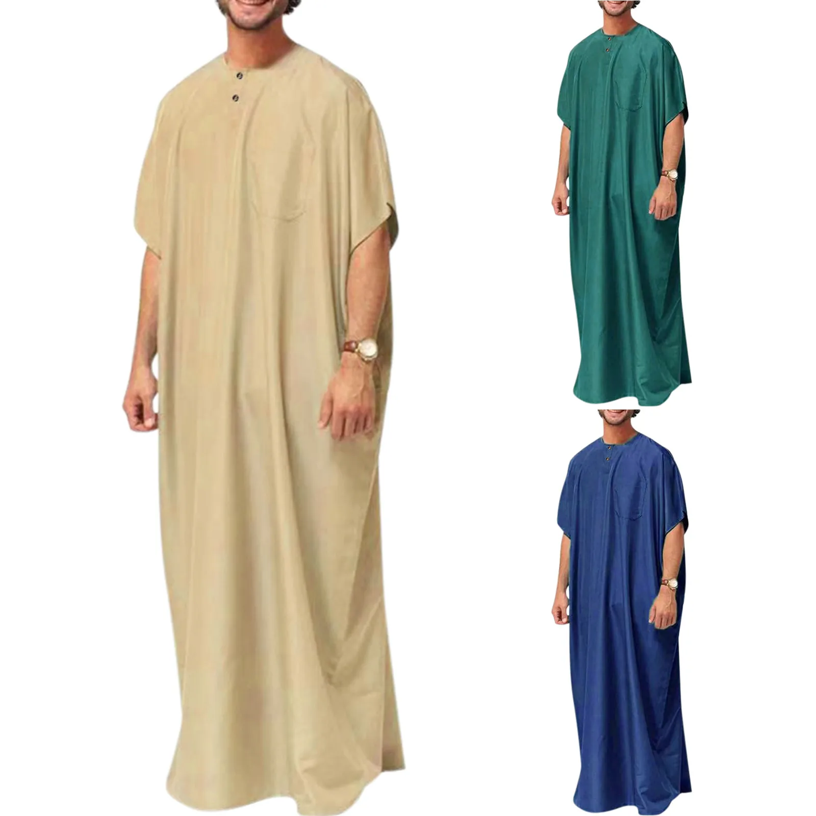 Kaftan muçulmano para homens, tamanho grande 5xl, cor sólida, abaya, dubai, oriente médio, moda, meia manga, peru