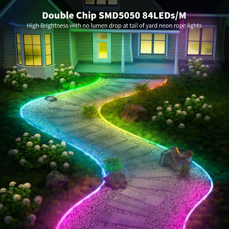 Outdoor Neon Rope Lights,65.6ft RGB-IC IP67 Waterproof LED Rope Lights APP Control Remote,Music Sync,84LEDs/m