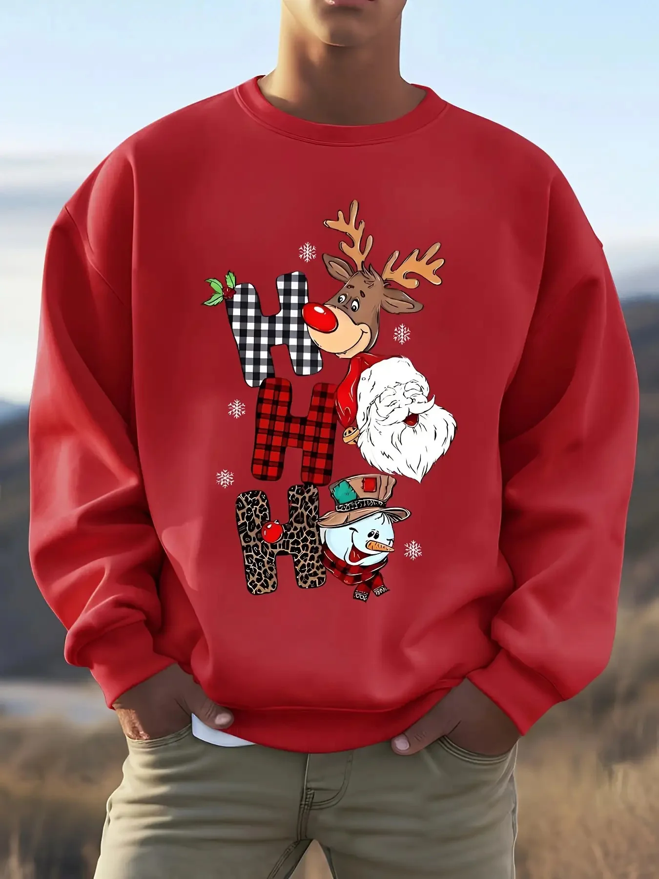 Men'S Christmas Crew Neck Sweatshirt Featuring Festive Reindeer And Santa Claus Heat Transfer Prints, Letter Pattern Designs, Casual Long Sleeve Pullover with Slight Stretch, Plus Size