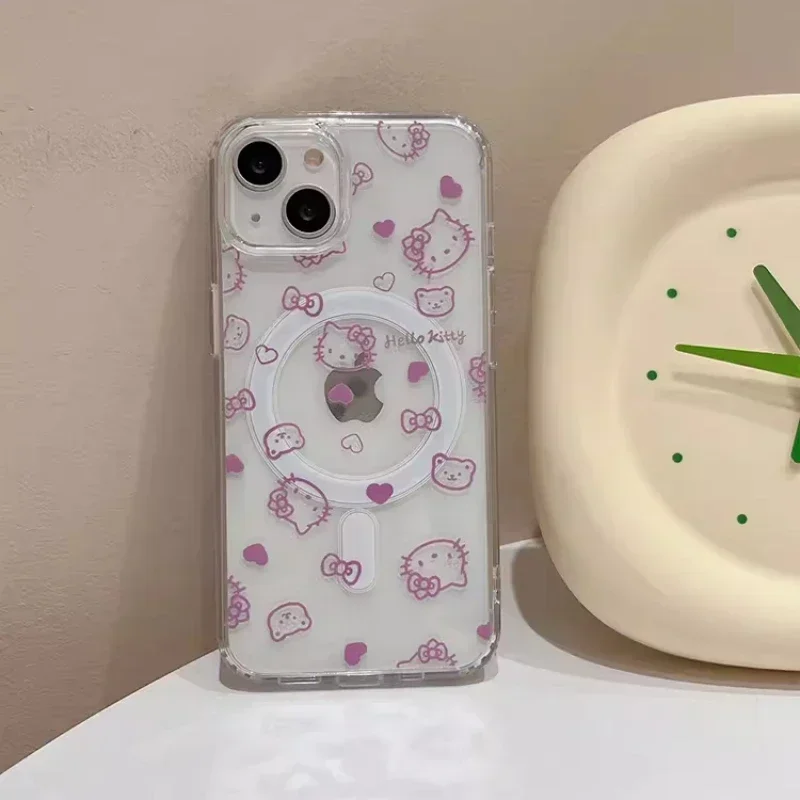 Cute Sanrio Hello Kitty Magnetic Wallet Holder Magsafe Wireless Charge Phone Case For iPhone 16 15 14 13 12 Pro Max Hard Cover image 5